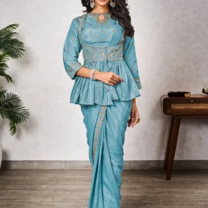 Sky Blue Shimmer Georgette Intricate Embroidery And Sequins Work Saree