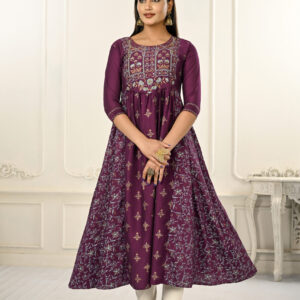 Wine Cotton With Handprint Embroidered Kurtis