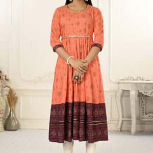 Orange Cotton With Handprint Embroidered Kurtis
