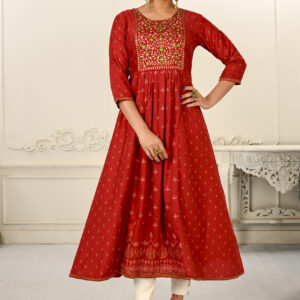 Red Cotton With Handprint Embroidered Kurtis