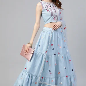 Sky Blue Cotton Multi Embroidered Work Lehenga Choli