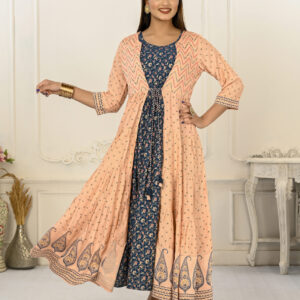 Peach Cotton Handprint Embroidered Kurtis