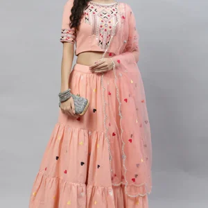 Pink Cotton Multi Embroidered Work Lehenga Choli